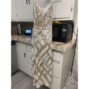 ASOS Embellished Sequin Midi Dress White Spaghetti Strap Open Back Formal Gown